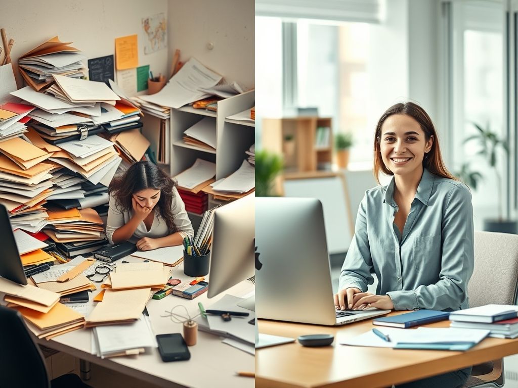 Comparação visual de uma mesa desorganizada com uma mulher estressada e uma mesa organizada com uma mulher relaxada.