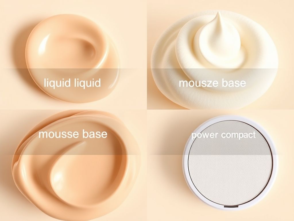 Comparativo visual de bases líquida, mousse, cremosa e em pó compacto.