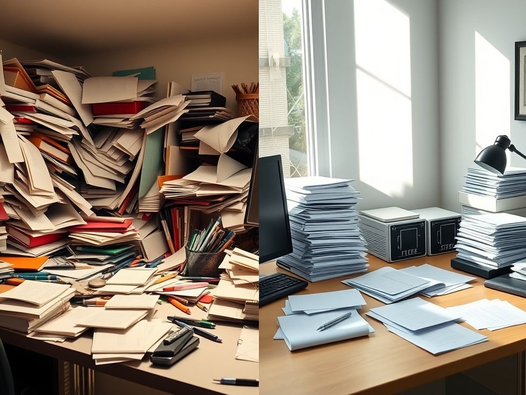 Comparação de uma mesa antes e depois de 5 minutos de organização.