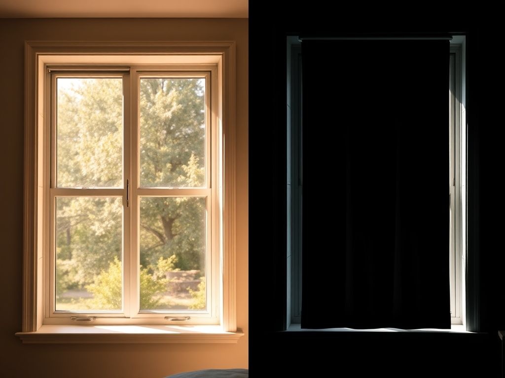 Comparação visual entre uma cortina comum que deixa a luz passar e uma cortina blecaute que bloqueia a luz, demonstrando o efeito de escurecimento.