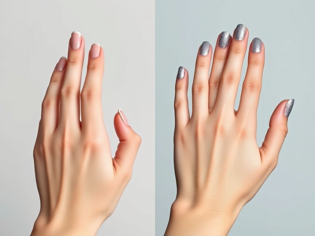 Comparativo de unhas: nude elegante para o trabalho e glitter chamativo para festa.