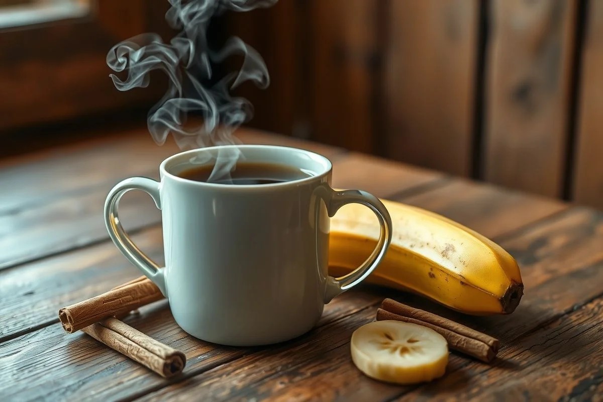 Xícara de chá de casca de banana fumegante em mesa de madeira.