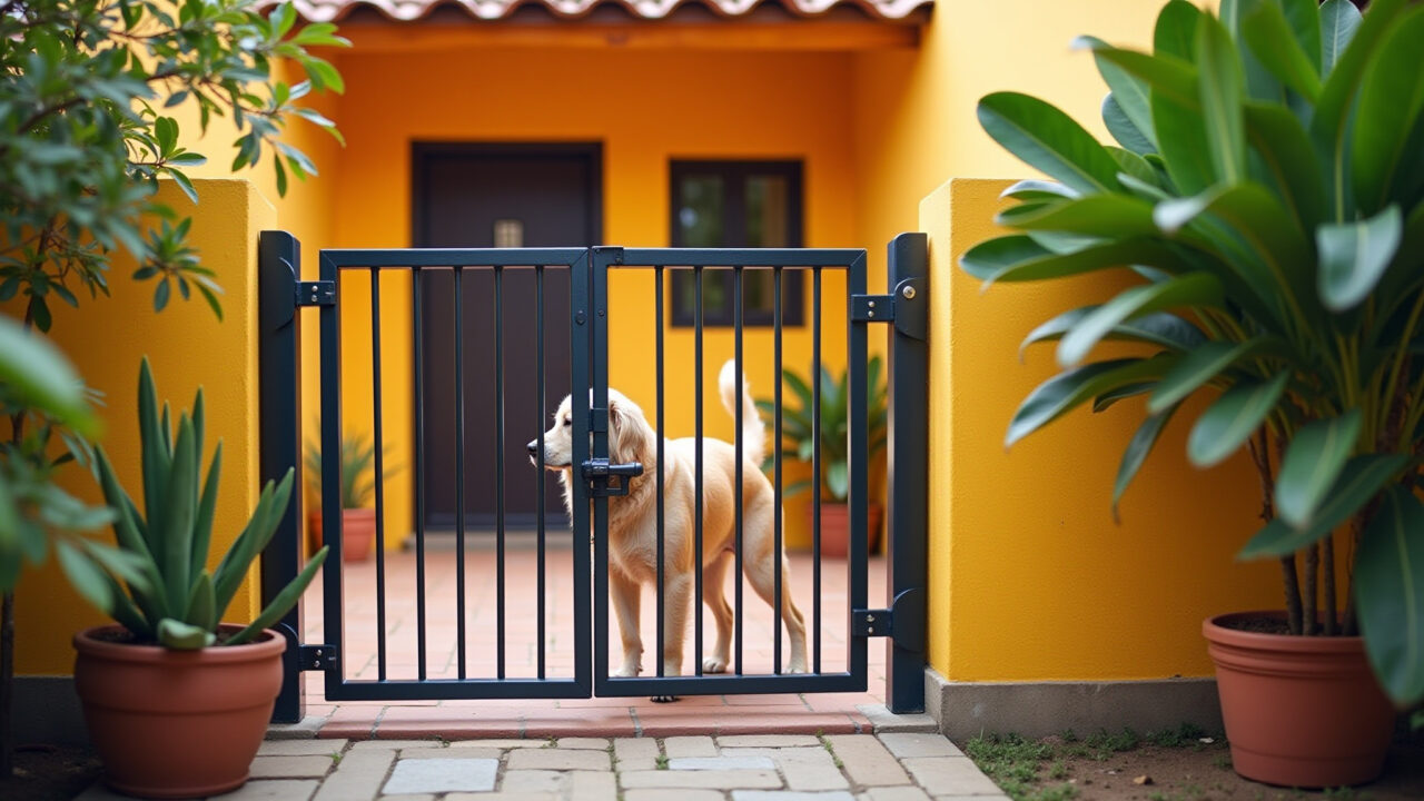 Portão com trava dupla em casa brasileira colorida para evitar fuga de cães.
