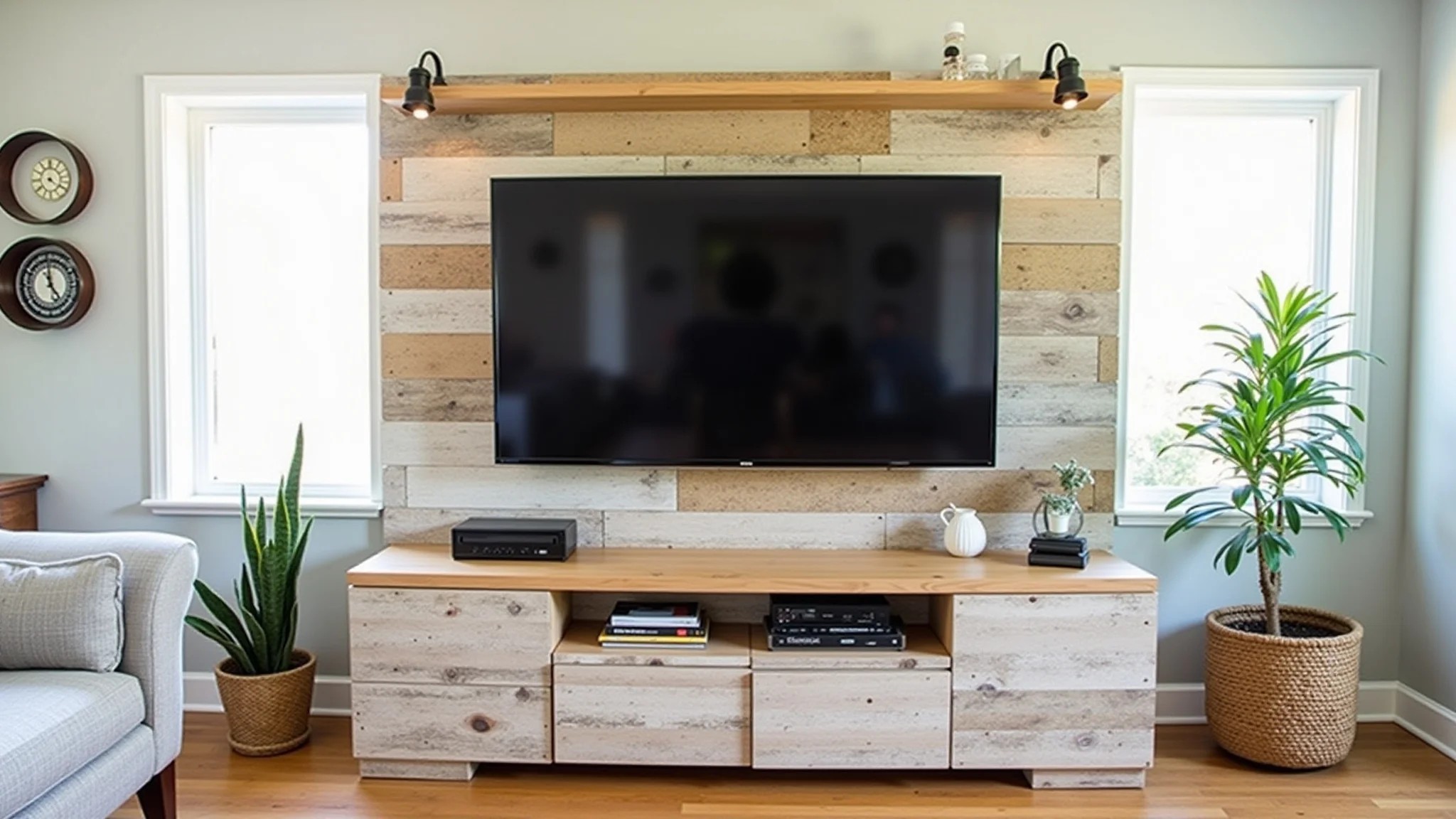 Painel de TV DIY feito com materiais reaproveitados em sala estilosa.