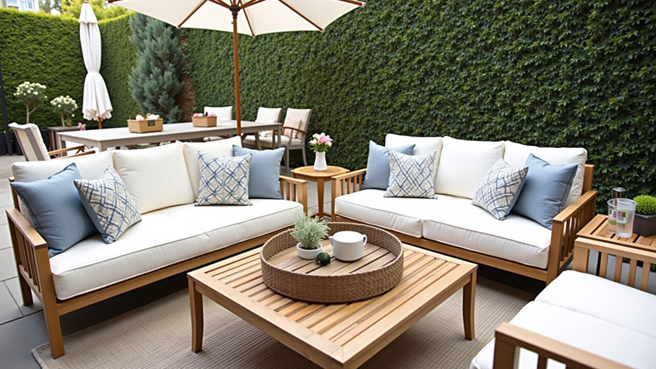 Sala de estar externa elegante com sofás confortáveis e almofadas decorativas.