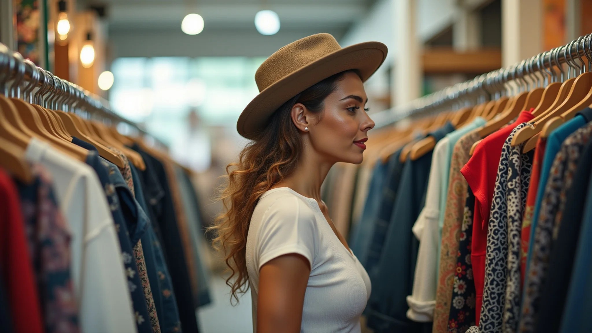 Mulher estilosa procurando roupas vintage em um brechó iluminado e arejado.