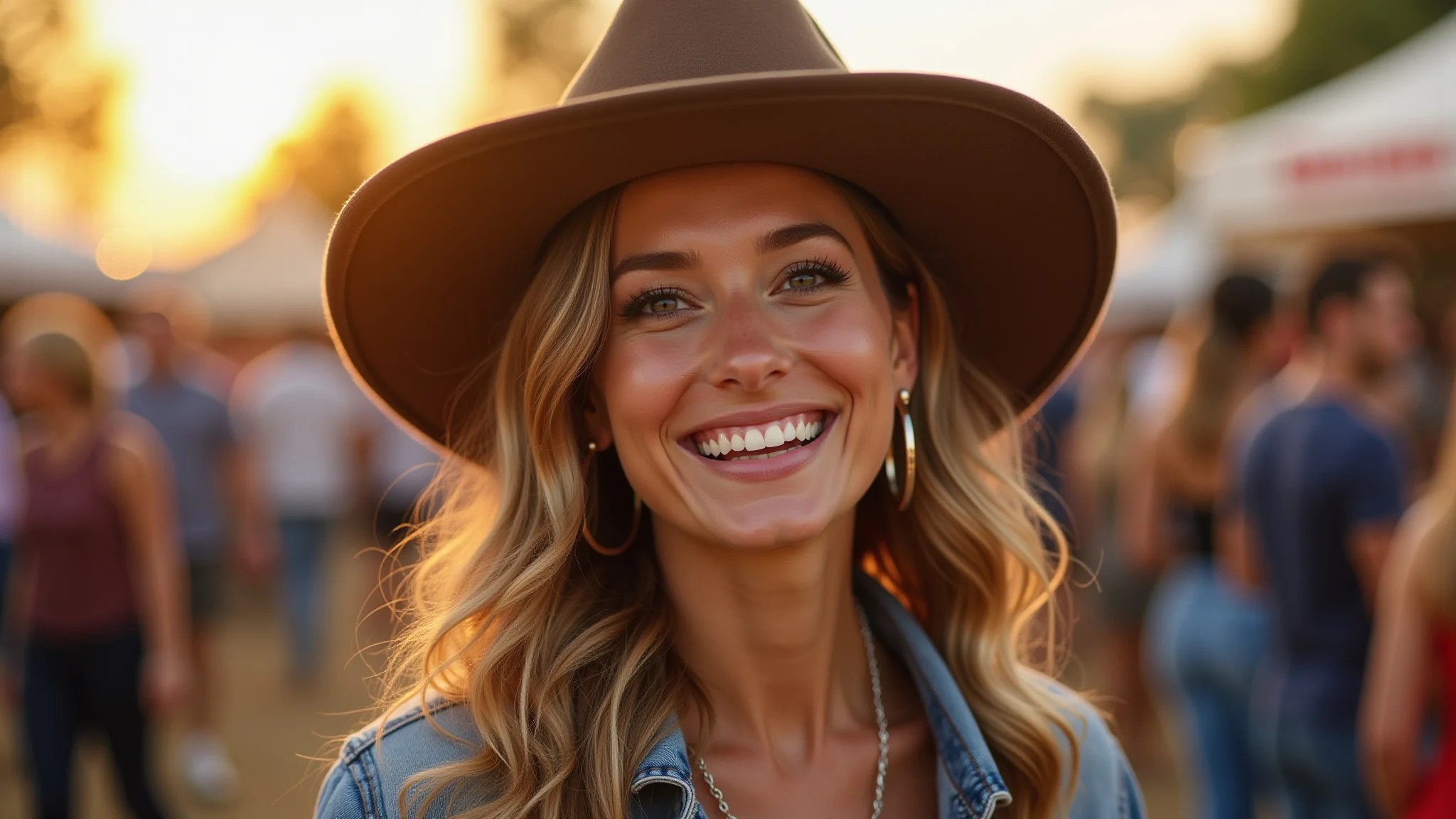 Mulher estilosa com bota texana e chapéu em show sertanejo.
