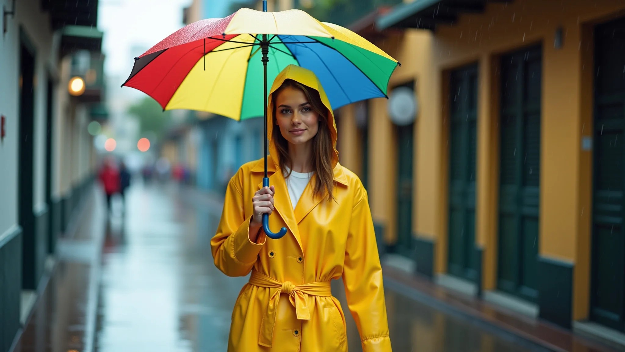 Mulher jovem e estilosa com capa de chuva amarela vibrante caminhando na chuva.