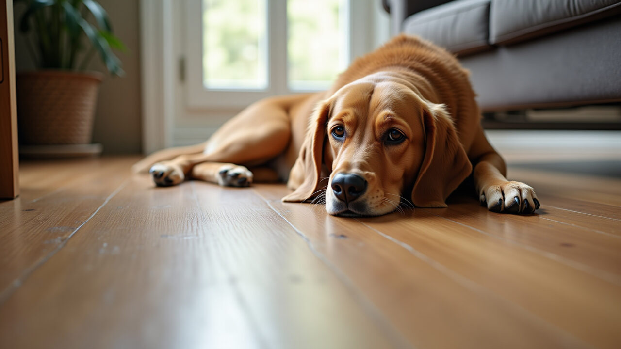 Chão limpo sem objetos pequenos para evitar ingestão por cães.