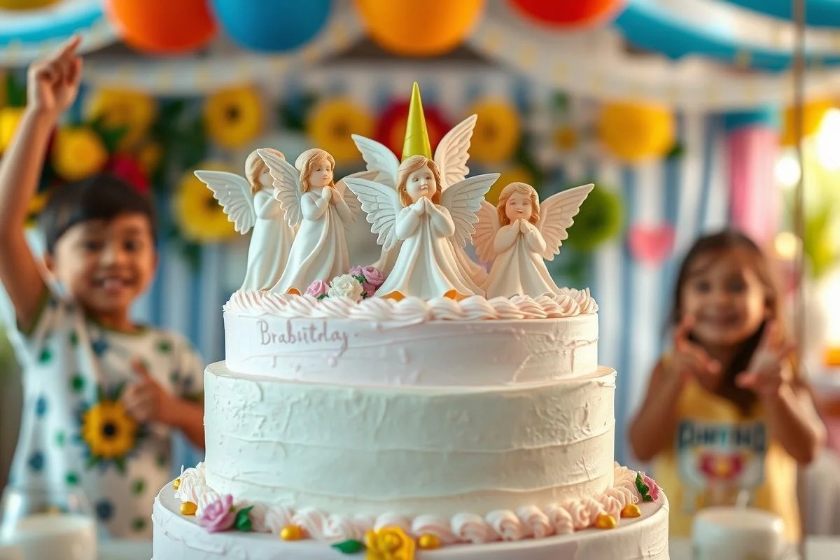 Bolo de aniversário decorado com anjos em tons pastel, celebração infantil.