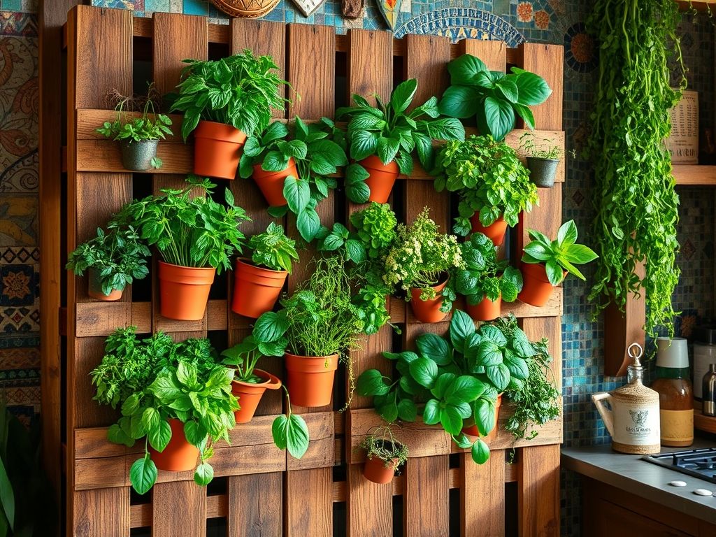 Horta vertical em uma cozinha boho, feita com paletes de madeira reaproveitada, com ervas e verduras em vasos de terracota.