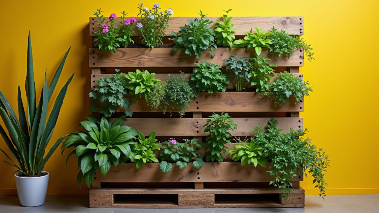 Jardim vertical de paletes com plantas, ervas e flores em parede brasileira.
