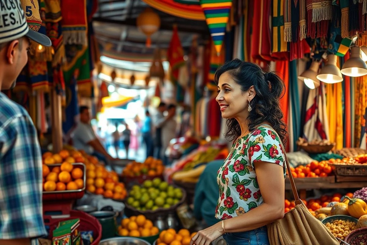 Mulher negocia em português em mercado de rua no Brasil.