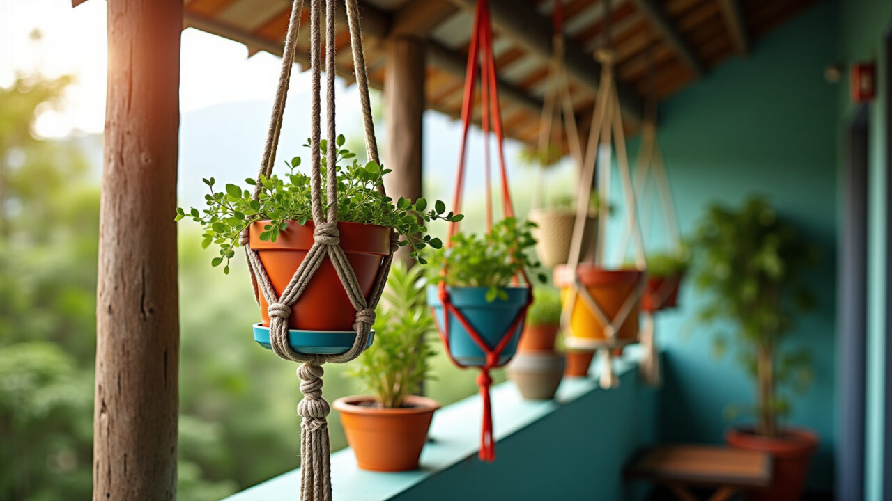 Varanda com jardim suspenso em macramê e vasos coloridos.