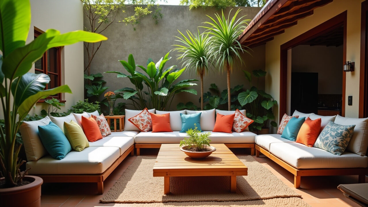 Área de lazer brasileira vibrante com lounge confortável e plantas tropicais.