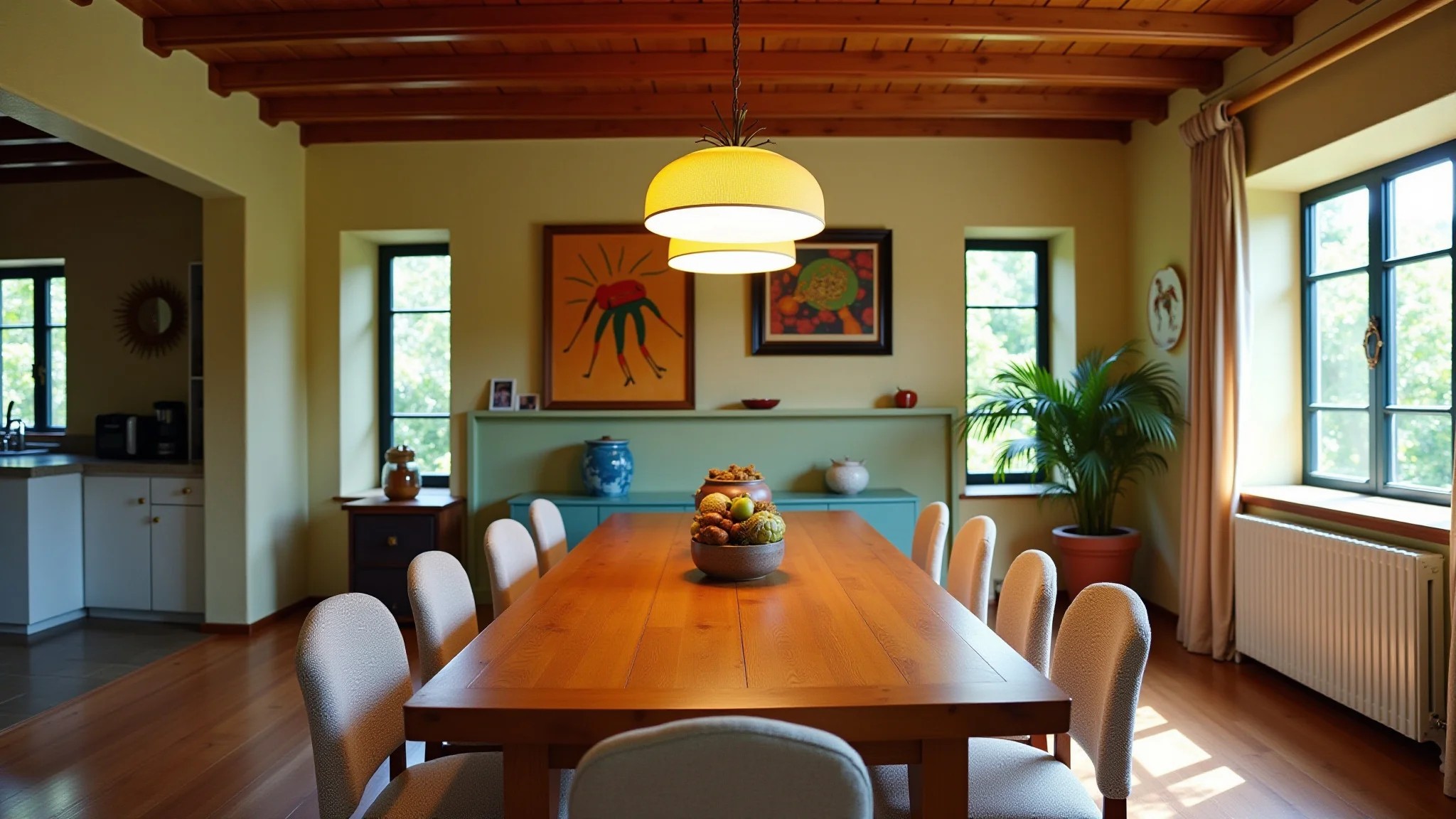 Sala de jantar vibrante com luminária pendente moderna destacando a mesa de madeira.