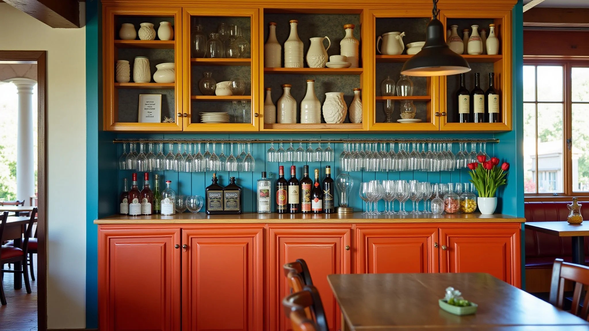 Aparador colorido usado como bar em sala de jantar vibrante.