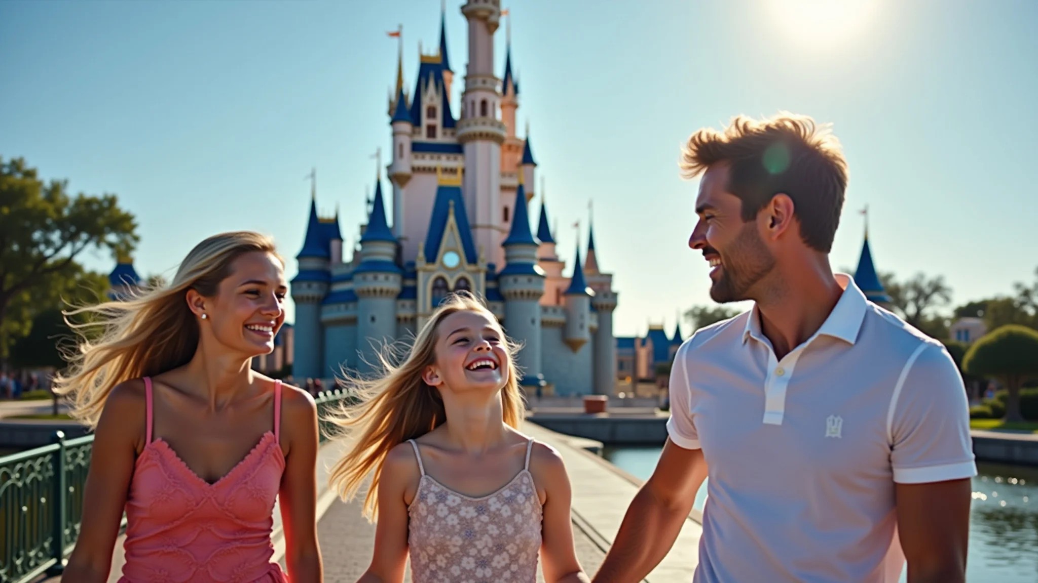 Família feliz em frente ao Castelo da Cinderela, Orlando.