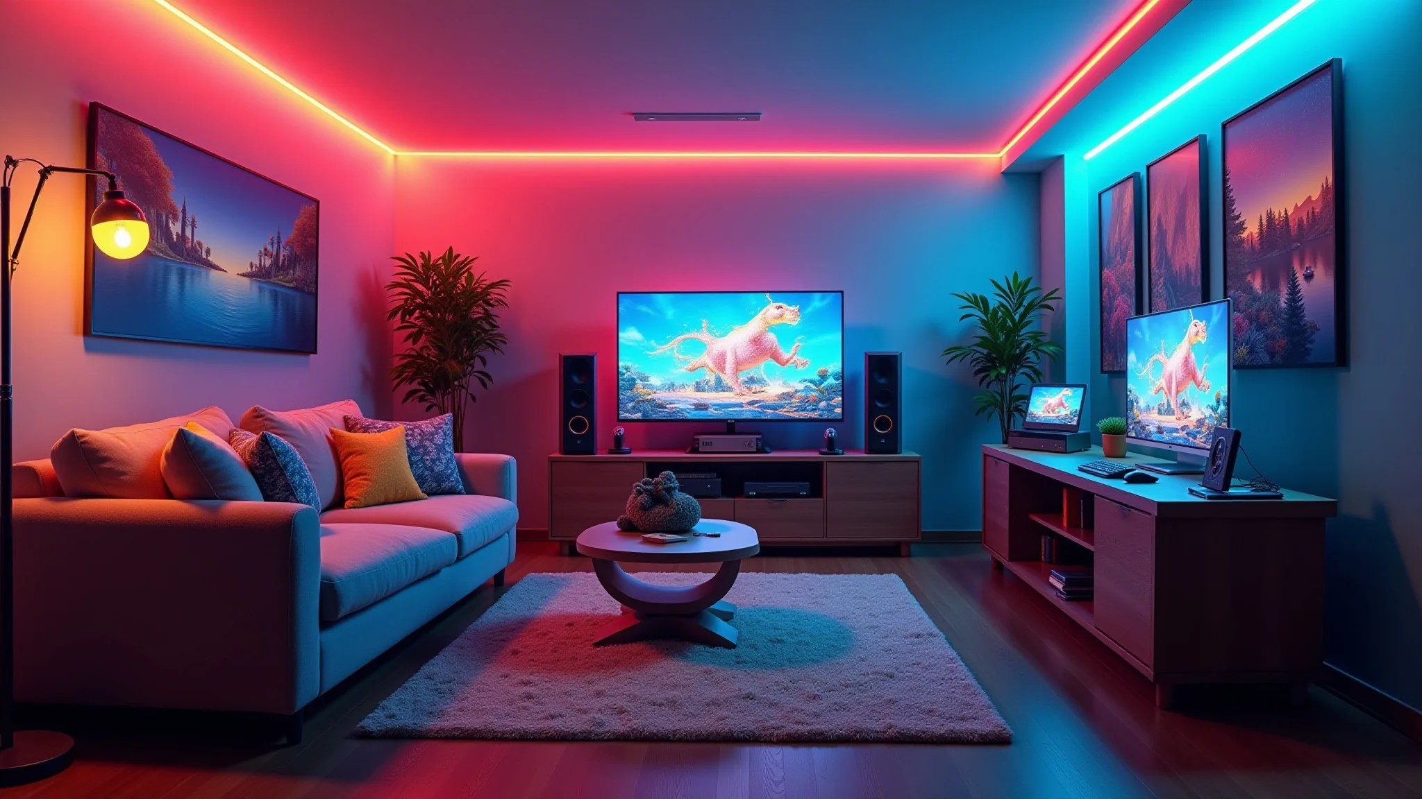 Sala de jogos vibrante com sofá confortável, luzes neon e múltiplos consoles, em estilo brasileiro.