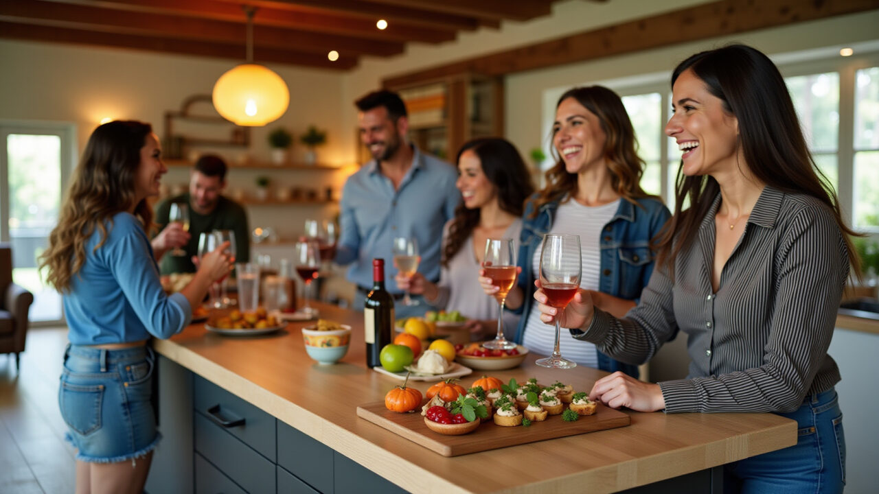 Cozinha gourmet integrada com sala, amigos reunidos.