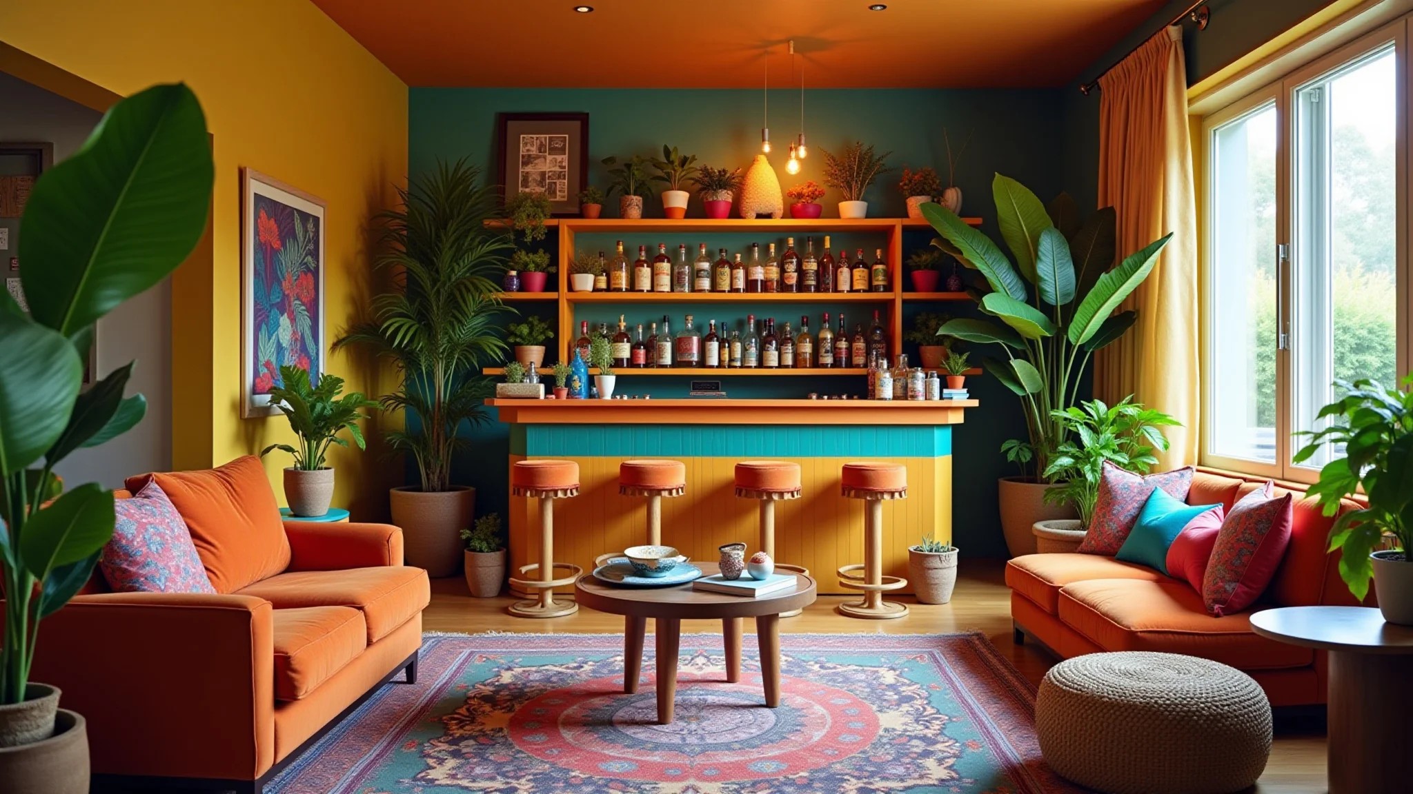 Sala vibrante com bar temático tropical, plantas e acessórios coloridos.