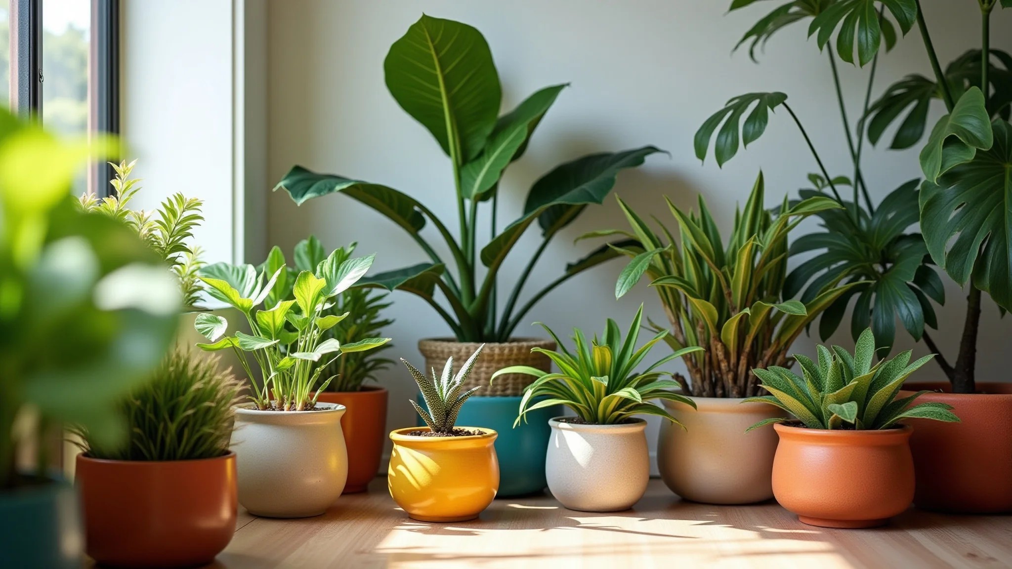 Sala vibrante com vasos de plantas coloridos, iluminação natural e design brasileiro.