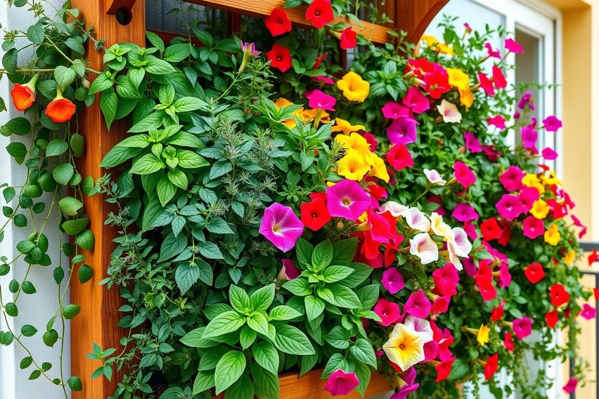 Horta vertical com treliça exibindo variedade de ervas e flores.