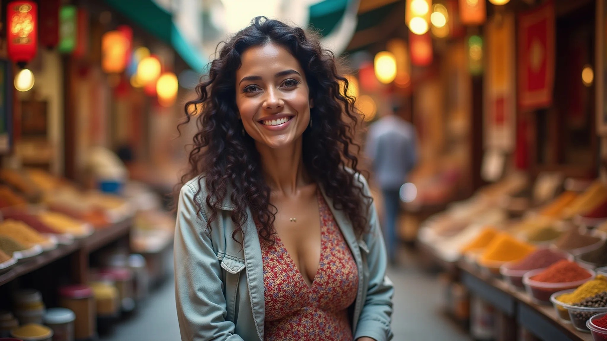 Mulher brasileira estilosa no Grande Bazar de Istambul, cercada por tecidos coloridos e especiarias.