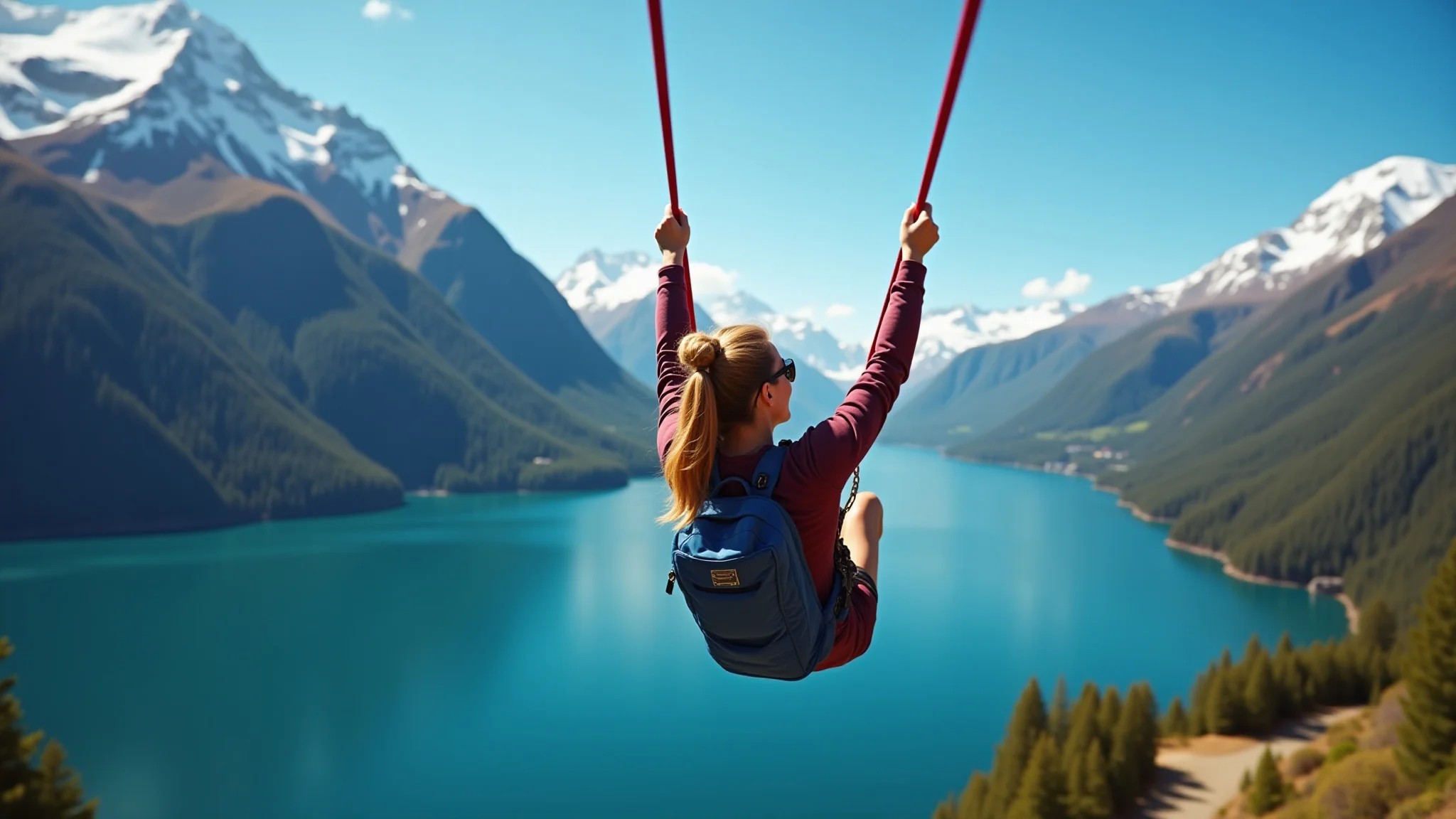 Mulher salta de bungee jumping em Queenstown, Nova Zelândia, com montanhas ao fundo.