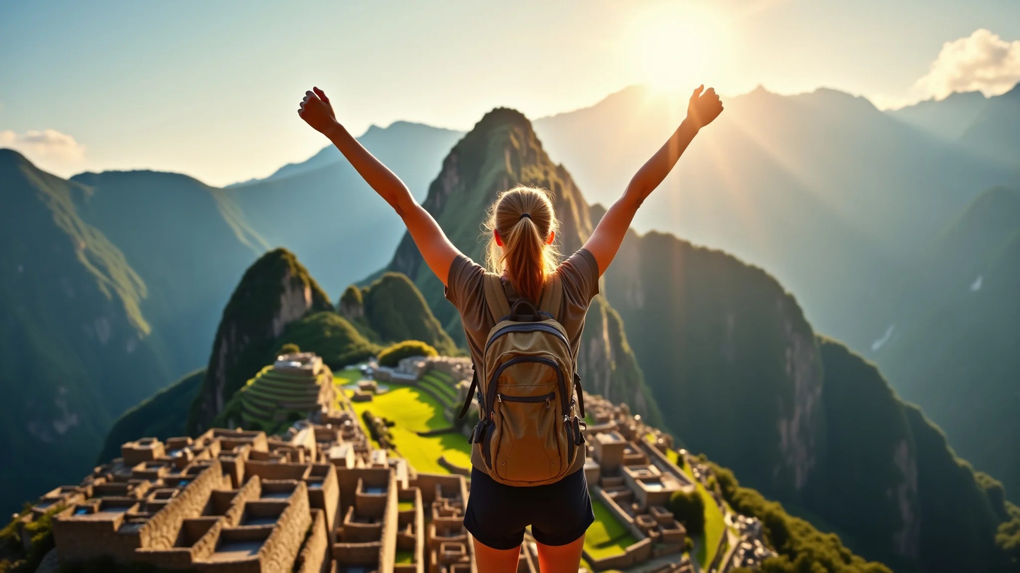 Mulher radiante em Machu Picchu, braços abertos, celebrando a conquista da montanha.