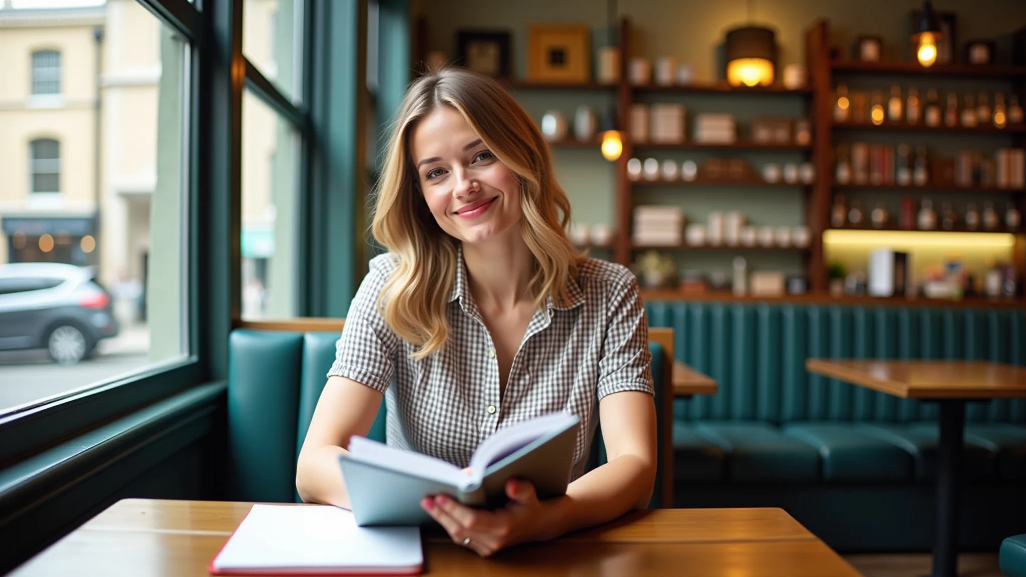 Mulher planejando roteiro histórico pela Inglaterra em café londrino, com diário de viagem e mapa.