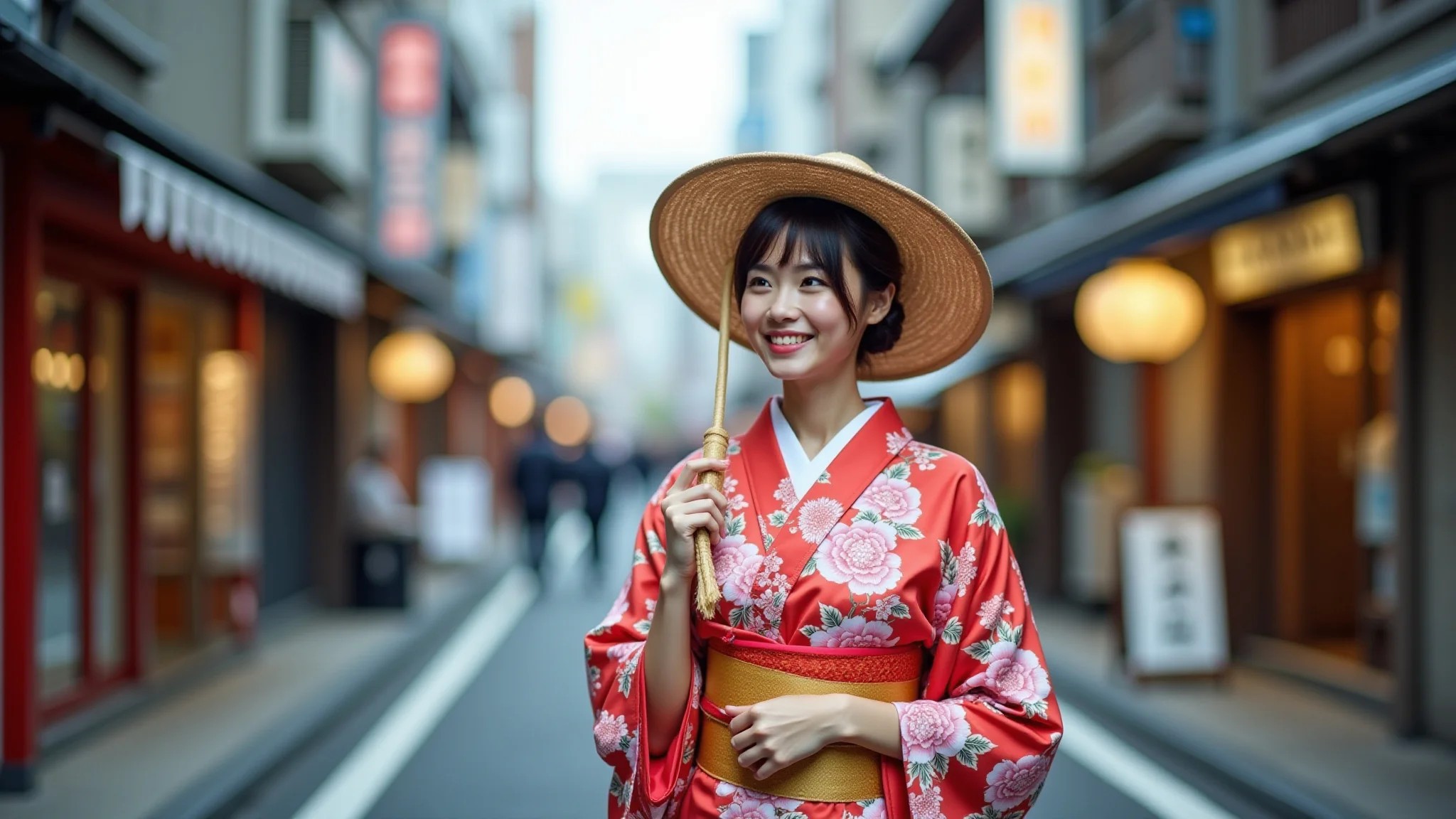 Brasileira de kimono explorando rua moderna de Tóquio, contraste entre tradição e modernidade.