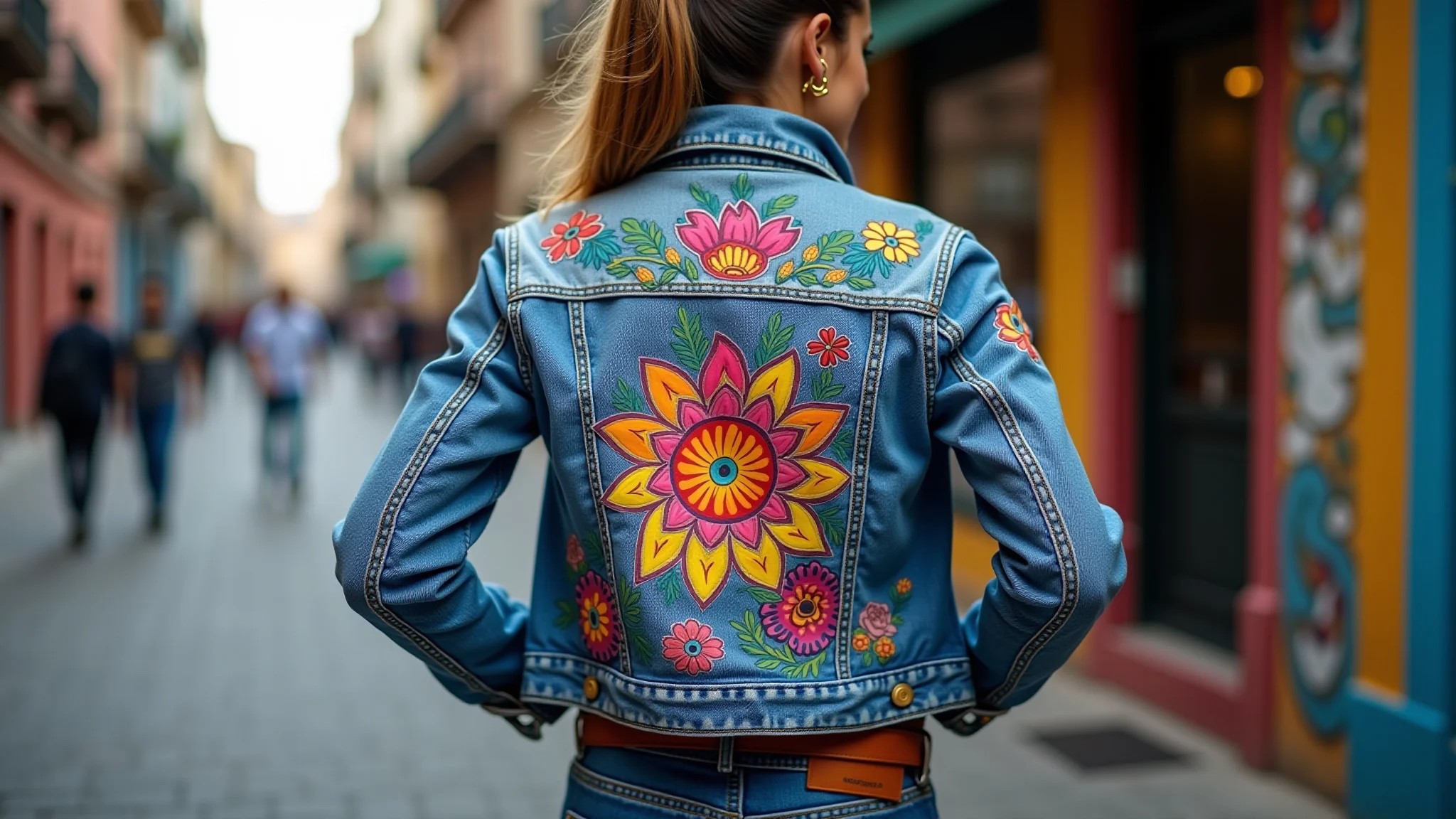 Jaqueta jeans customizada com pintura à mão em estilo brasileiro vibrante.