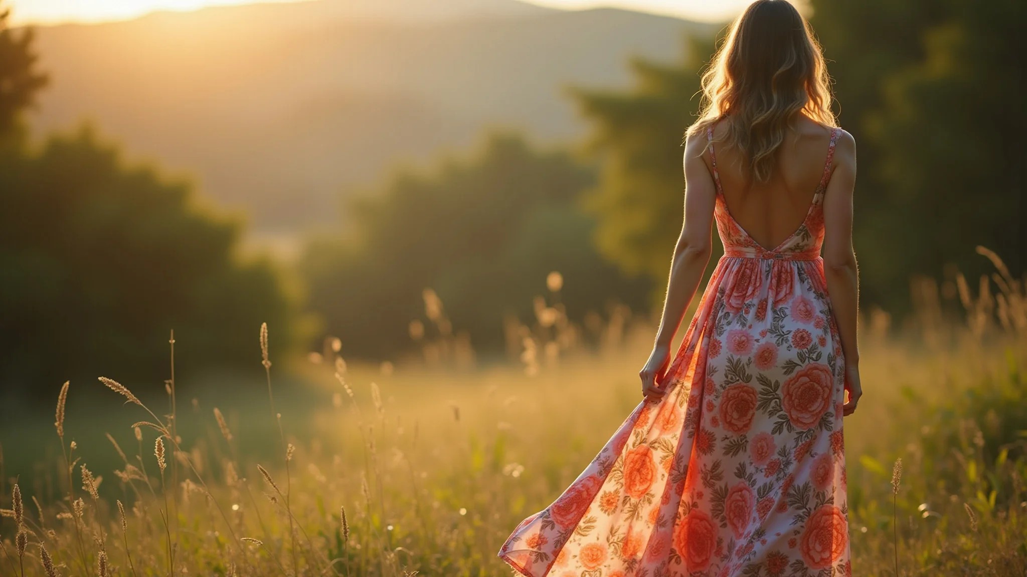 Convidada em casamento no campo usando vestido longo floral vibrante.