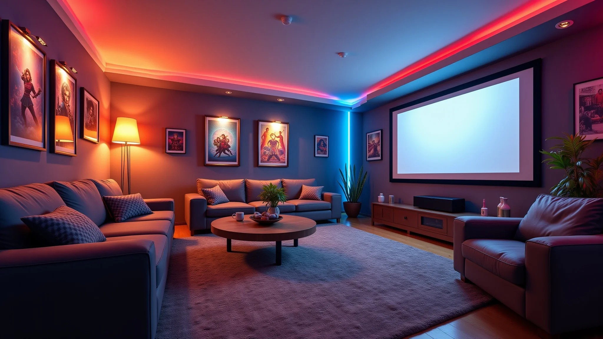 Sala de estar vibrante transformada em cinema em casa, com tela de projeção e iluminação aconchegante.
