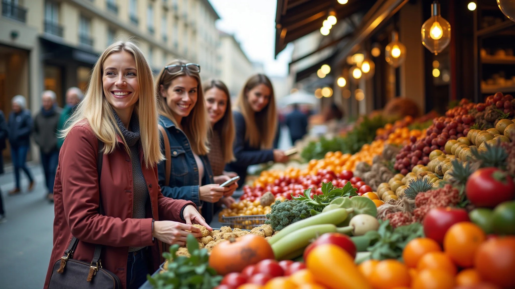 Mulheres explorando mercado em Lyon, experimentando a gastronomia francesa.