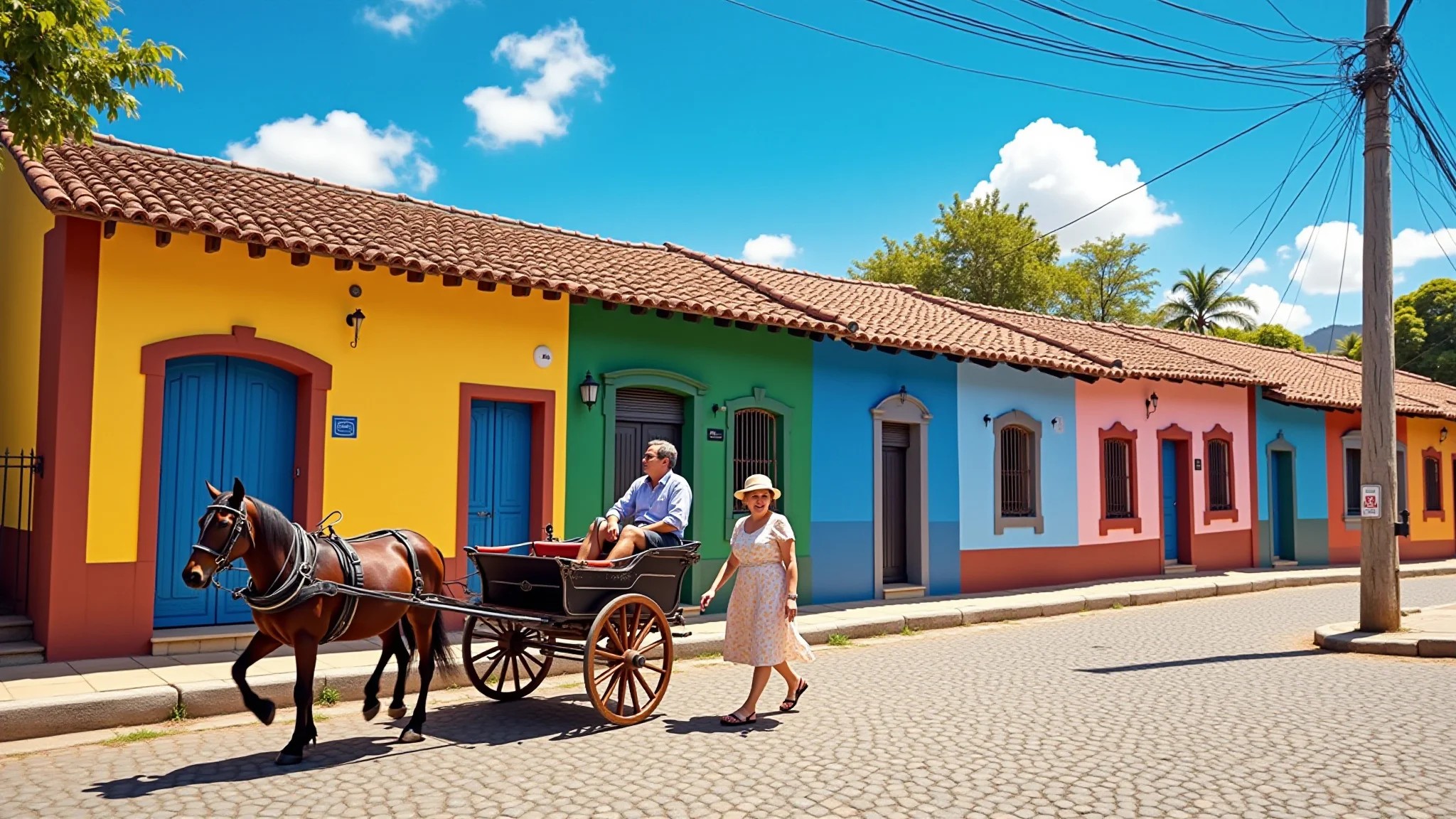 Rua colorida em Tiradentes, Minas Gerais, com casarões coloniais e charrete.