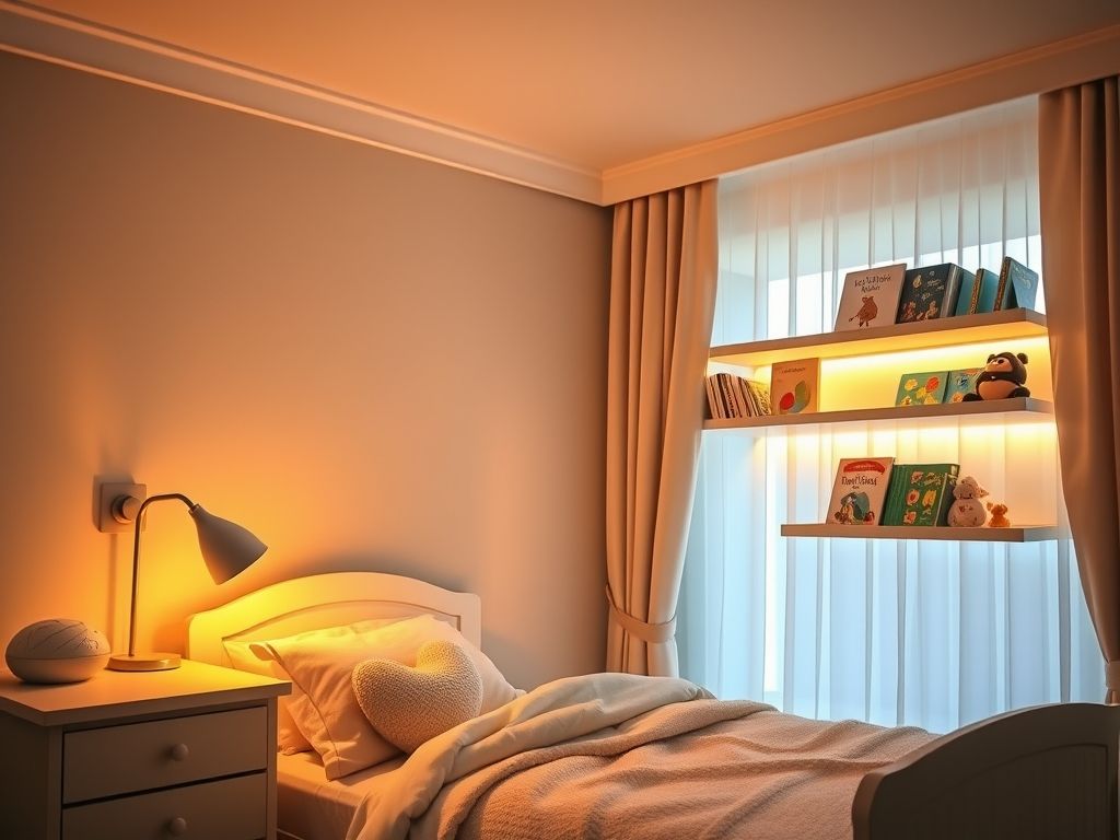 Quarto de bebê com iluminação suave e ajustável, incluindo um abajur com dimmer e fitas de LED em prateleiras.