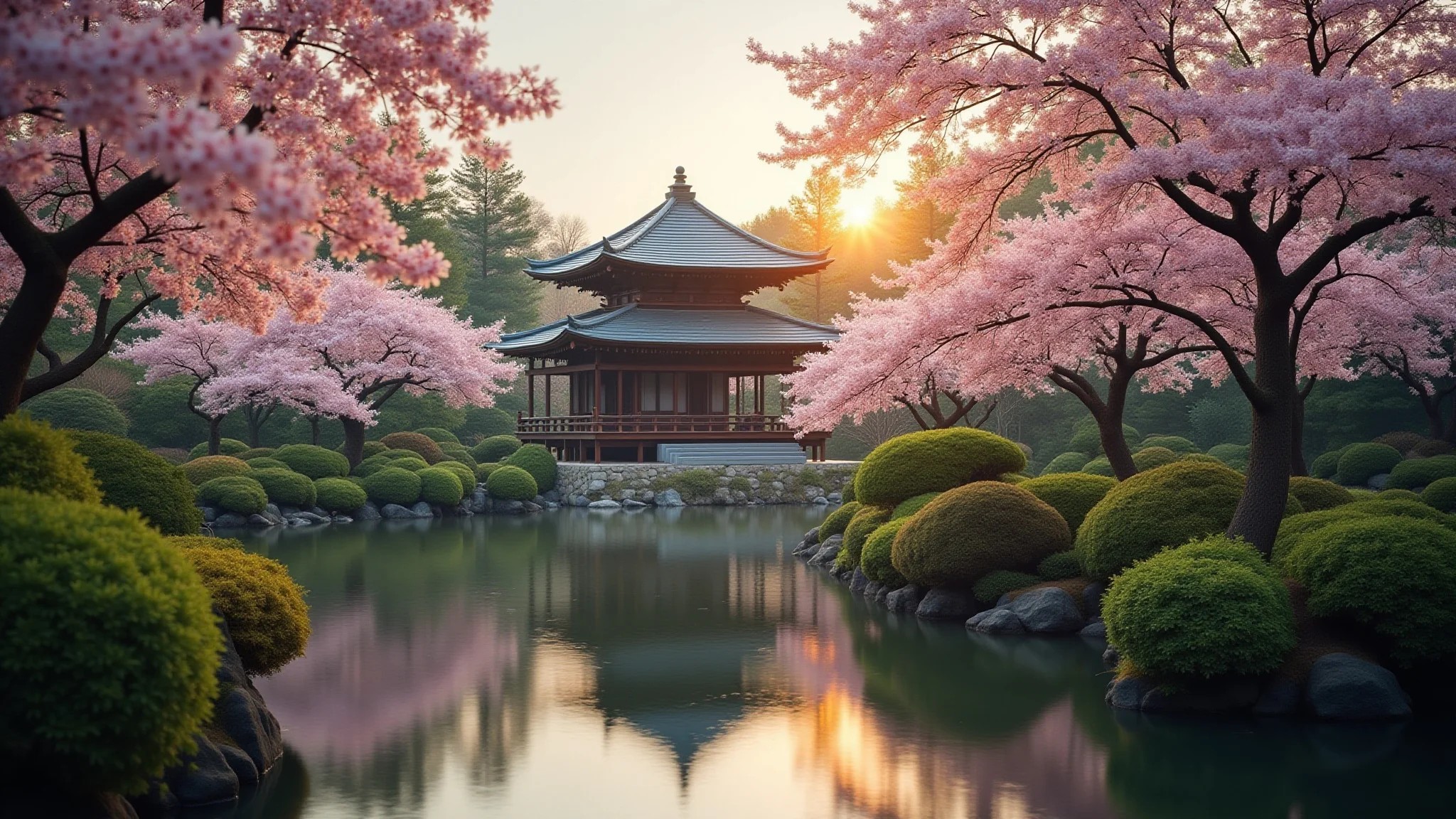 Jardim sereno em Kyoto com casa de chá tradicional e cerejeiras em flor.