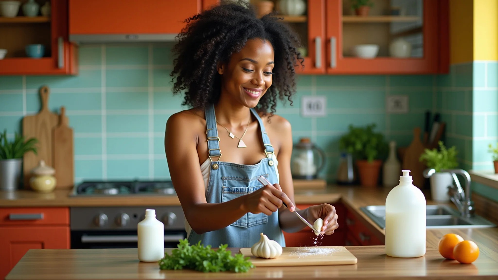 Mulher preparando inseticida caseiro de alho em cozinha brasileira ensolarada.