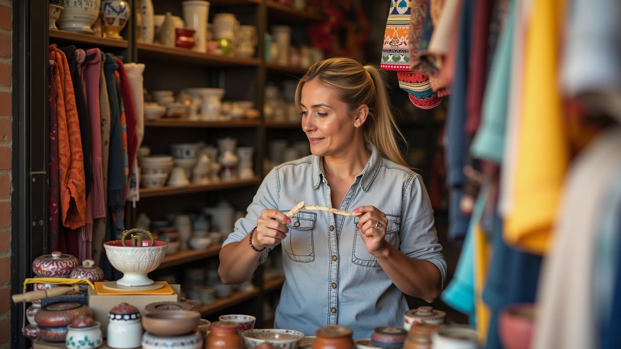 Mulher olhando artesanato local em loja em São João del Rei, Minas Gerais.