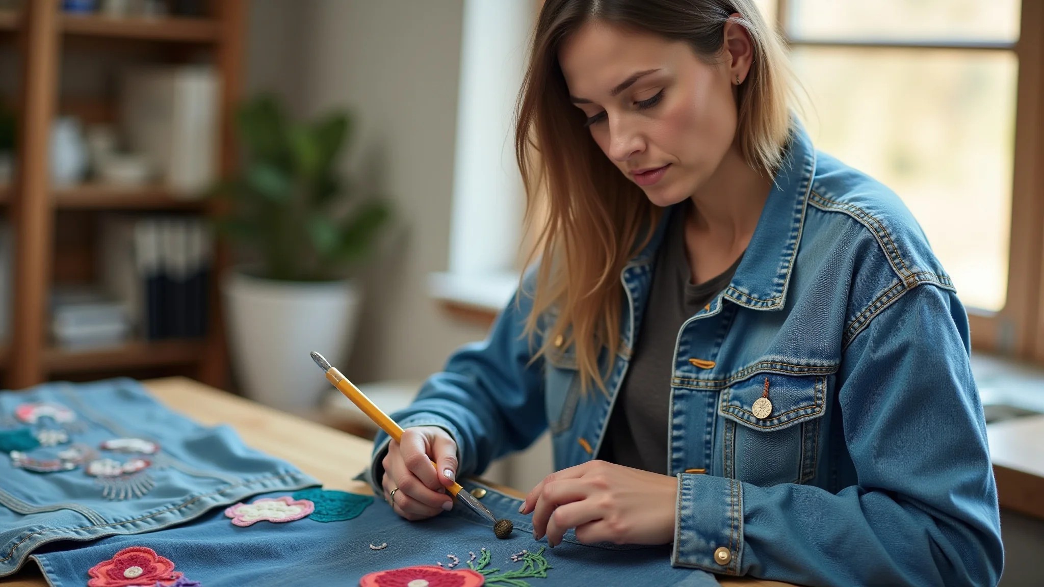 Mulher customizando jaqueta jeans com bordados e patches coloridos em estúdio iluminado.