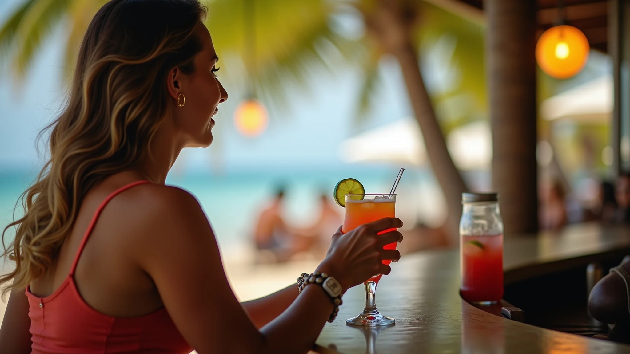 Mulher bebendo caipirinha em bar de praia em Morro de São Paulo, Bahia.