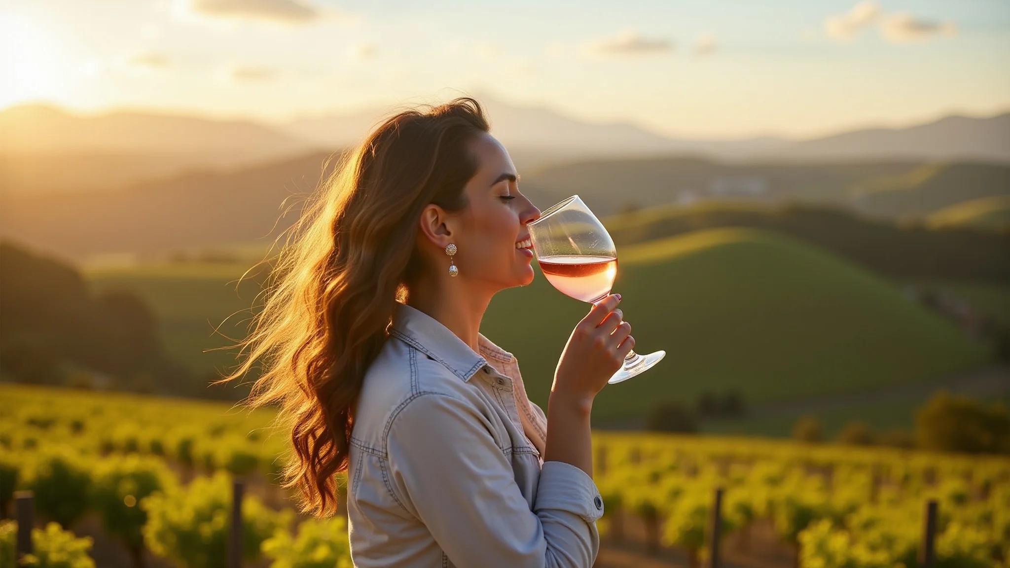 Mulher apreciando vinho em vinhedo no Uruguai, colinas ao fundo, luz dourada.