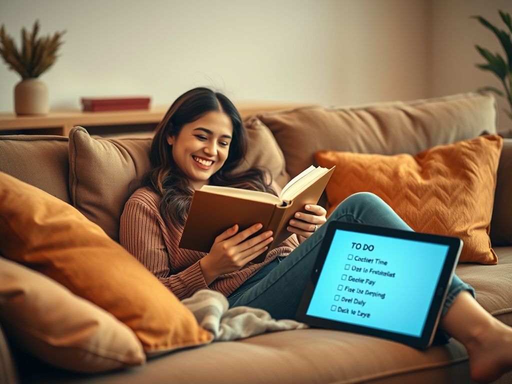 Mulher relaxando no sofá com um livro, com uma lista de tarefas em segundo plano, simbolizando os benefícios da gestão de tempo.
