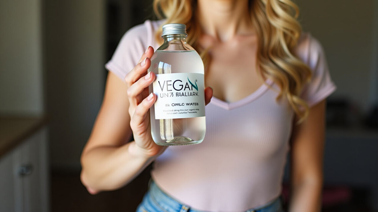 Mulher segurando água micelar vegana e cruelty-free.
