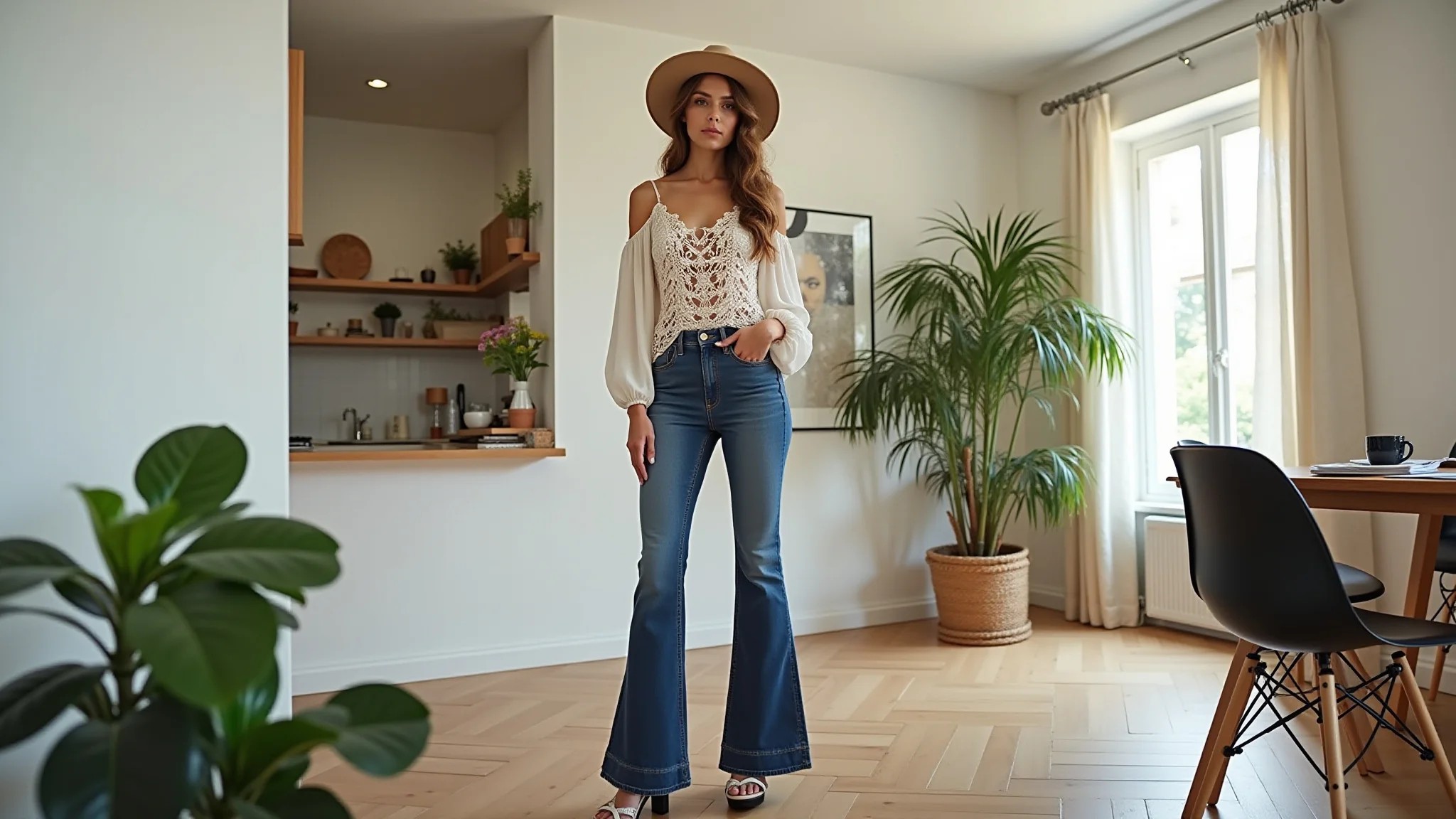 Mulher em apartamento moderno usando calça flare e blusa de crochê, moda anos 70 revisitada.