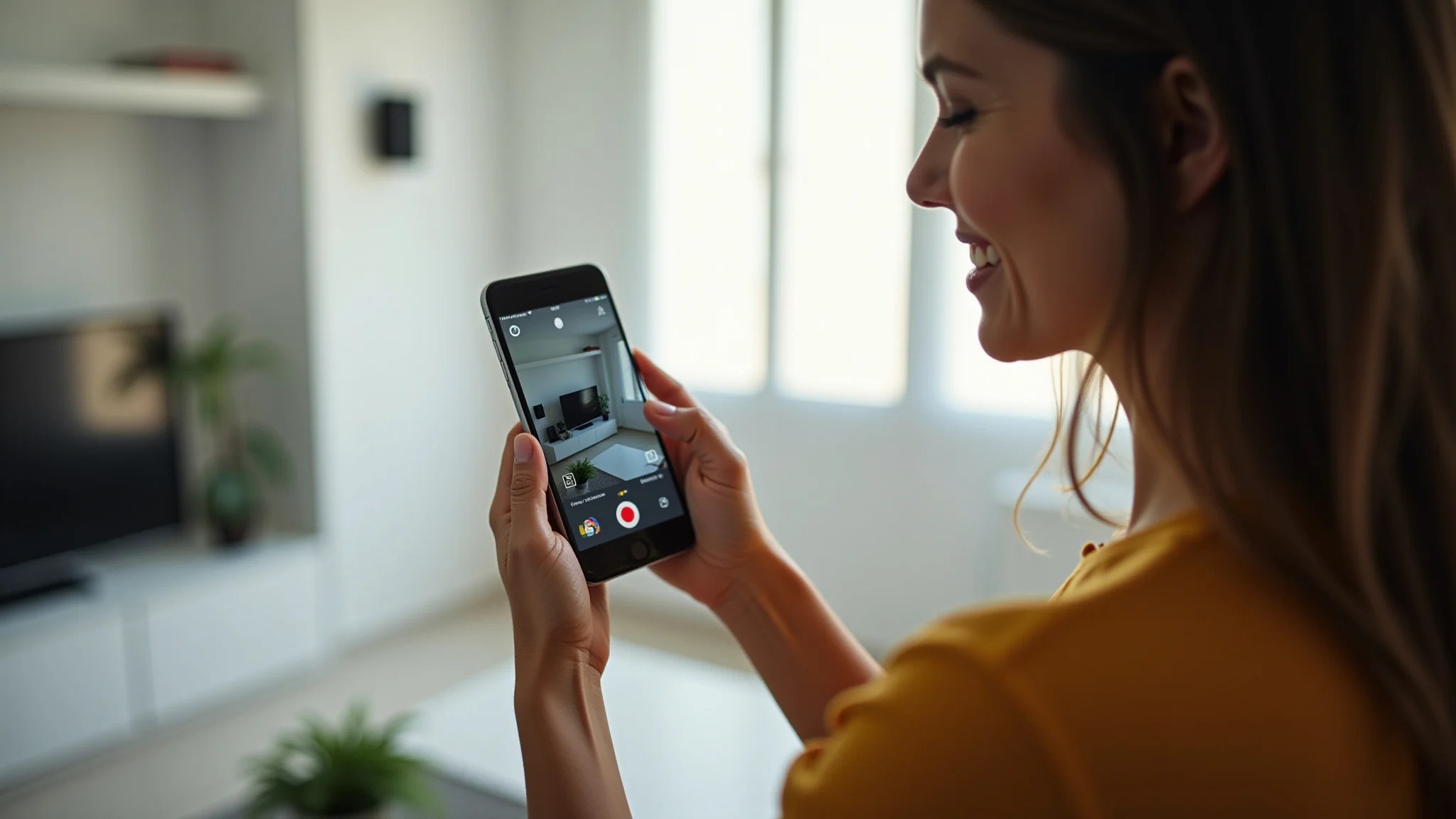Mulher de 40 anos monitorando sua casa pelo celular com app de segurança.
