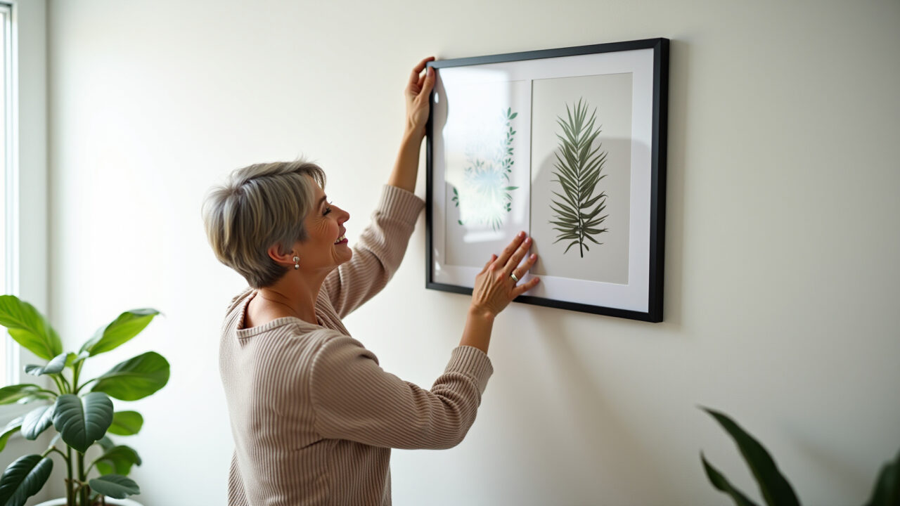 Mulher pendurando quadro no escritório.