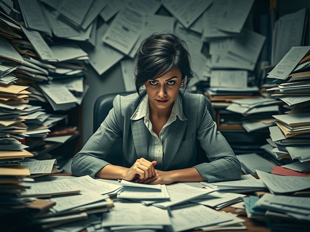 Mulher estressada e sobrecarregada em sua mesa, cercada por listas de tarefas e papéis espalhados, representando a frustração no planejamento.